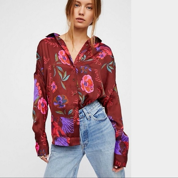 Free People - Silky NIghts Fun Print  Button Down Long Sleeve Oversized Blouse S - Picture 1 of 11